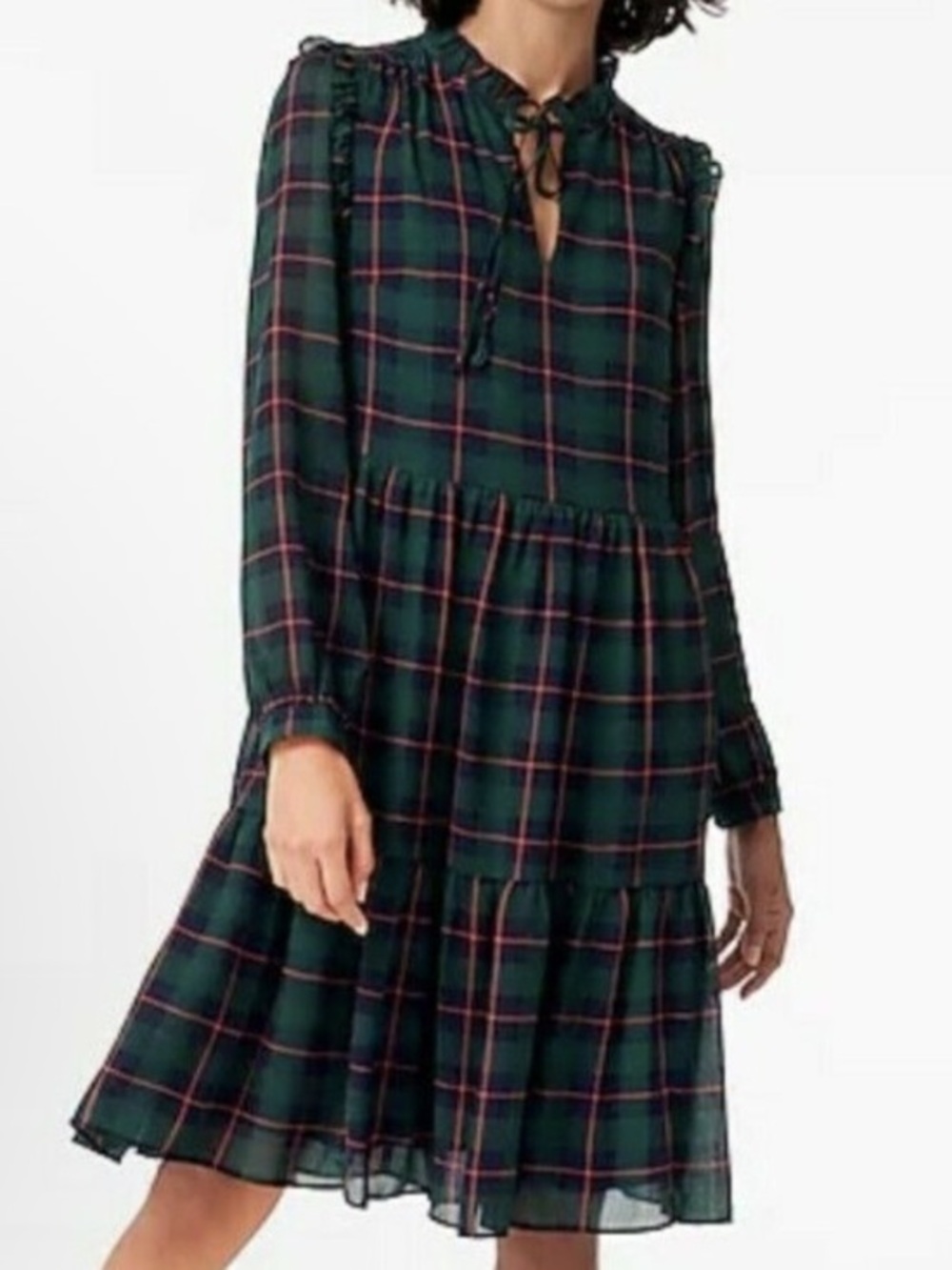 J.Crew Tie-neck tiered dress in Black Watch tartan XXS $168 new nwt